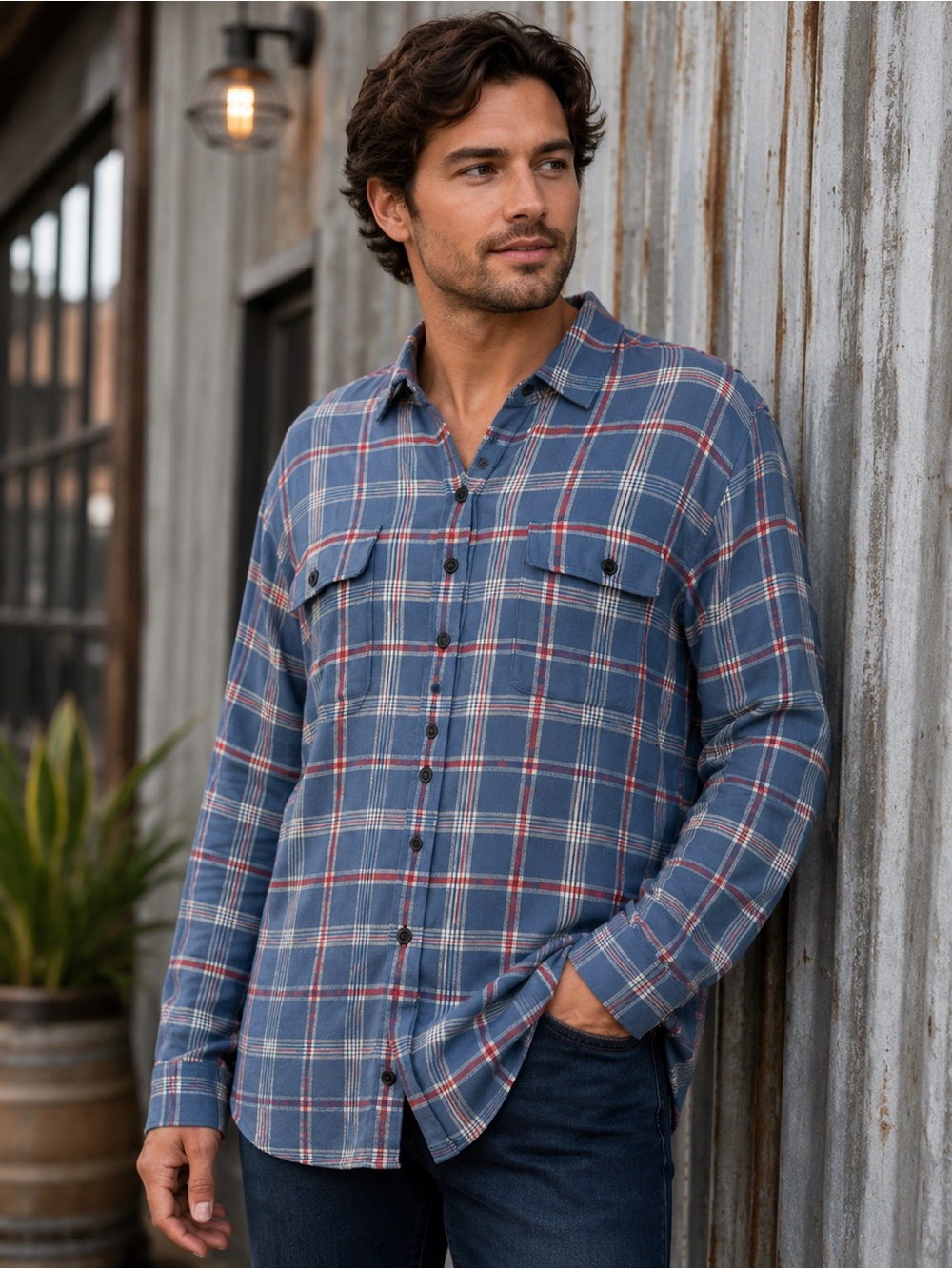 Lucky Brand Men’s Classic Fit Plaid Button Front Shirt Blue Red XXL